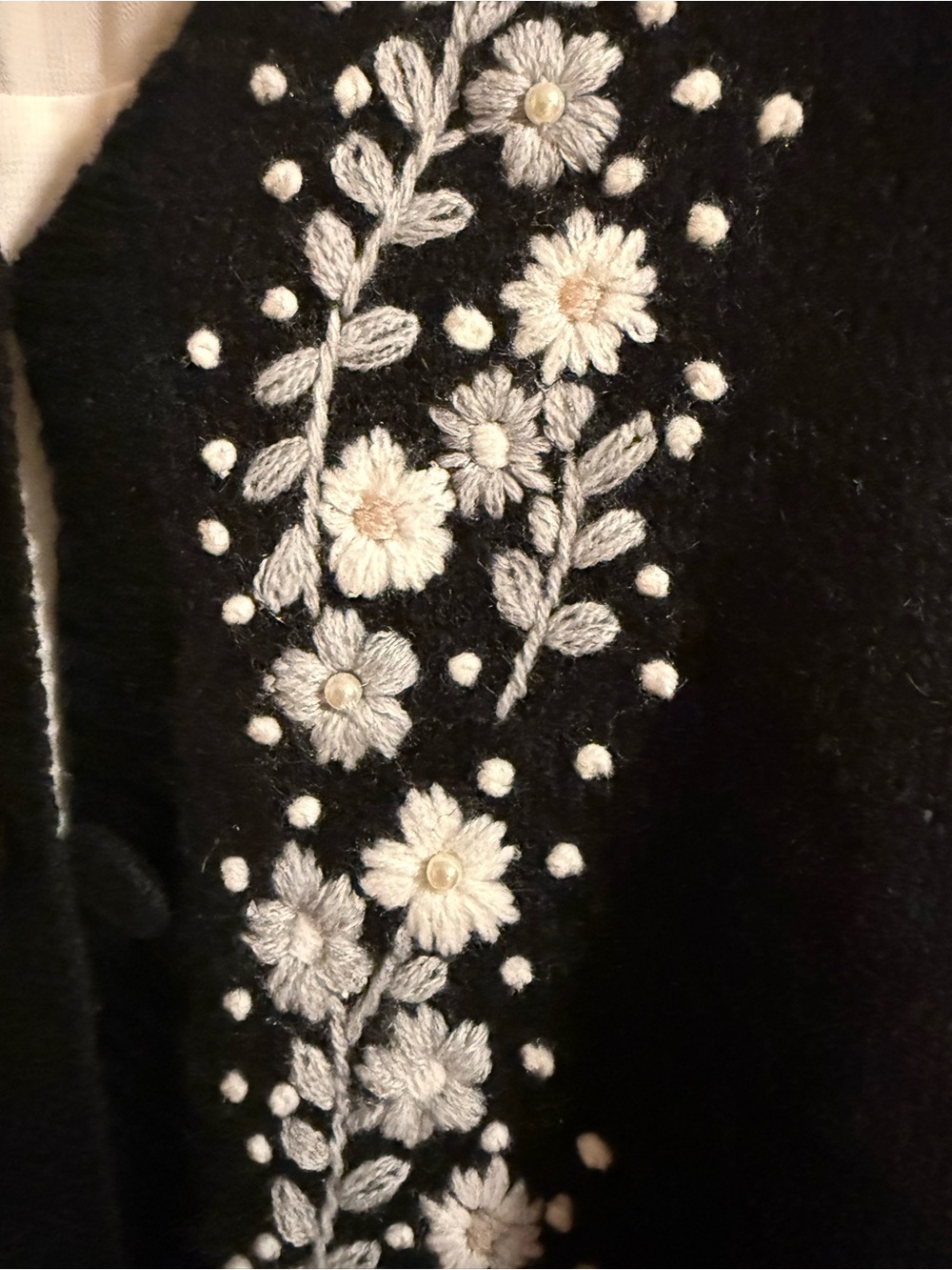 Tahari Black Cardigan with White and Light Gray Floral Embroidery 100 % Cashmere